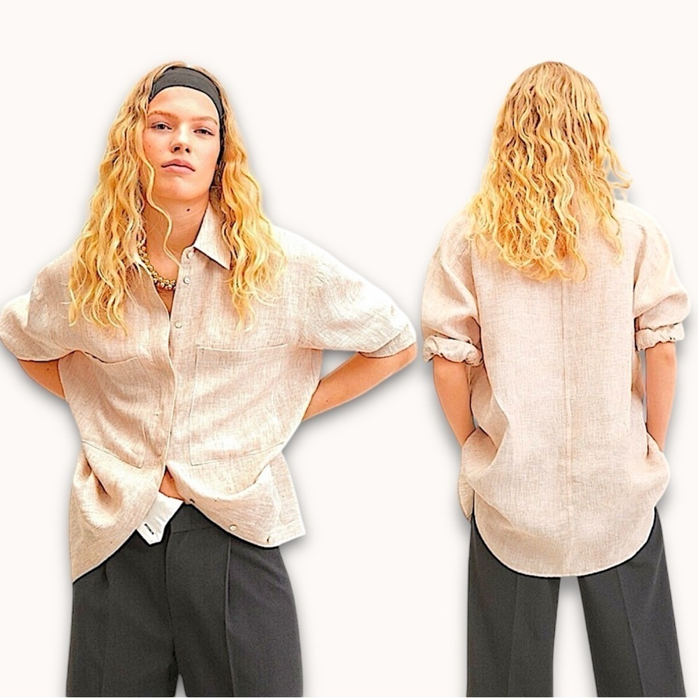 MNG Mango 100% Linen Button-Down Shirt Concealed Placket & Abalone Shell Buttons